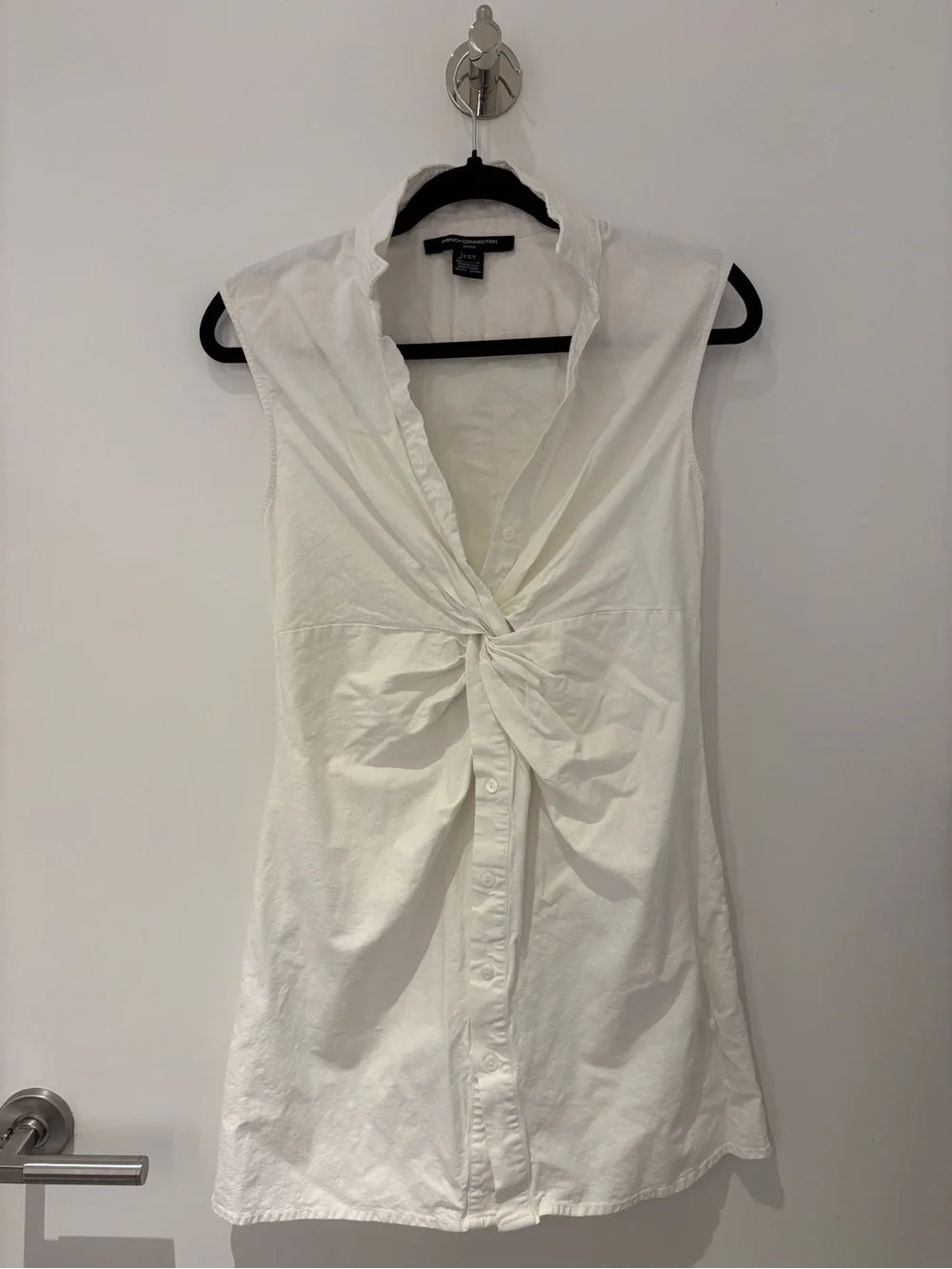 French Connection White Sleeveless Twist Knot Button-Down Shirt